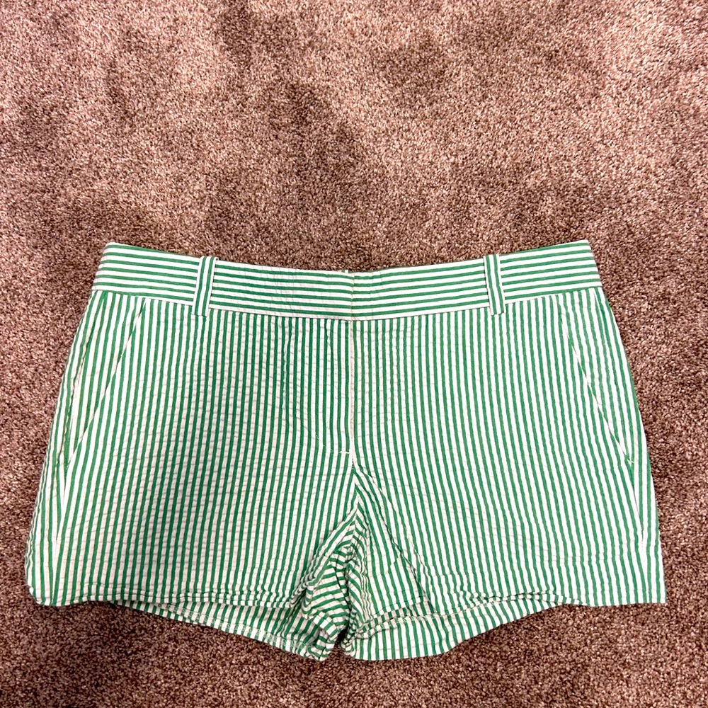 J Crew city fit green and white seersucker shorts